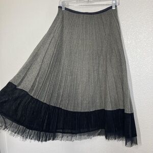 Komarov Skirt Womens Small Gray Black Herringbone Pleated Velvet Trim Midi USA